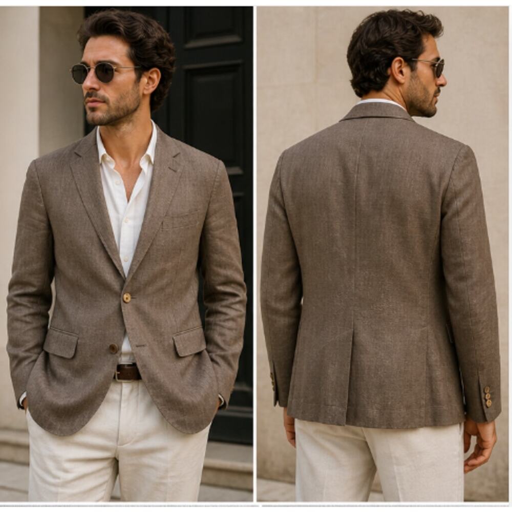 Men’s 100% Linen Blazer Taupe Brown Tailored Sport Coat Business Casual Sz 36